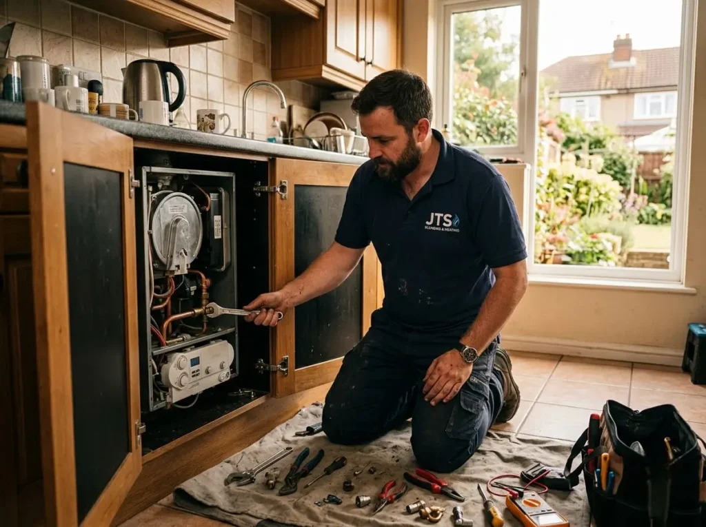 Gas Safe engineer carrying out boiler repair services Hertfordshire