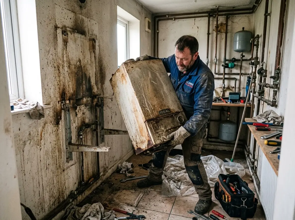 boiler replacement service Cheshunt, engineer removing old boiler unit