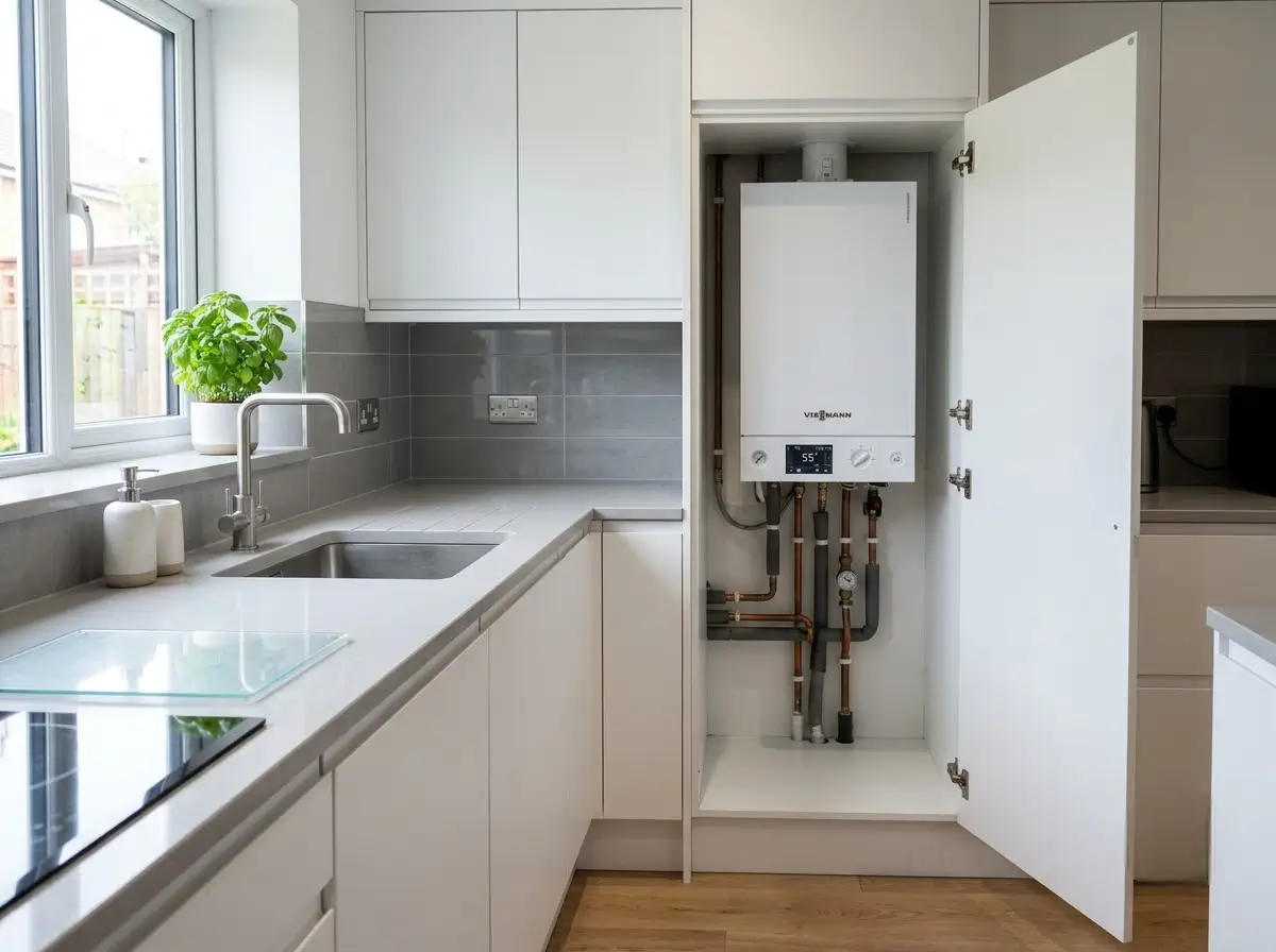 gas boiler installation Cheshunt, combi boiler mounted in kitchen cupboard