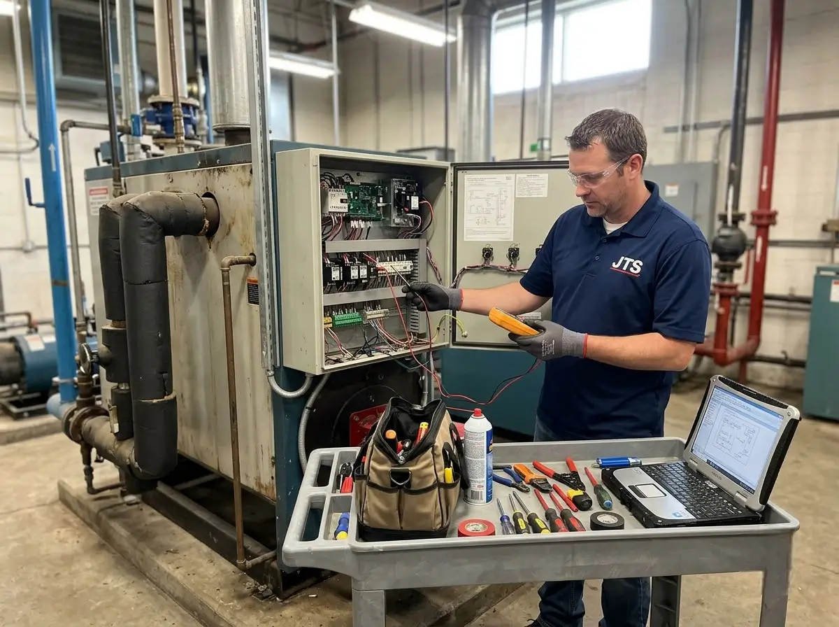 Engineer checking boiler pressure gauge during boiler repair Hertfordshire visit